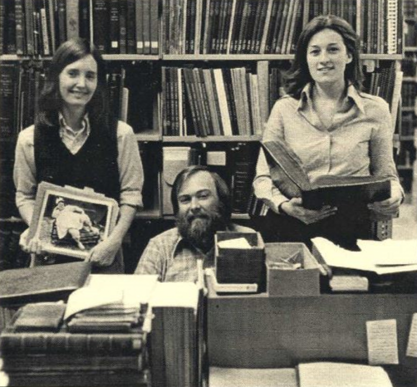Gallagher (center) and colleagues at UVM in the late 1970s. Photo courtesy of UVM Special Collections.
