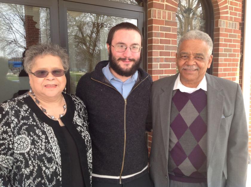 Carol J. Lewis, Noah Lenstra, Joe Lewis, in front of the Salem Baptist Church in Champaign. Photograph by Kate Williams.