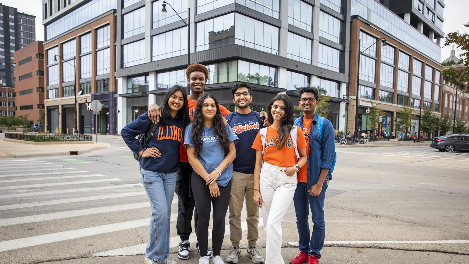 students standing outside the Hub building