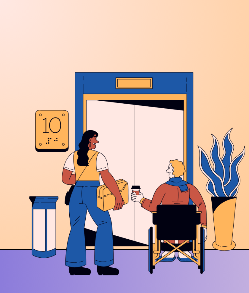 Two people, one of whom is in a wheelchaire, wait for the elevator.
