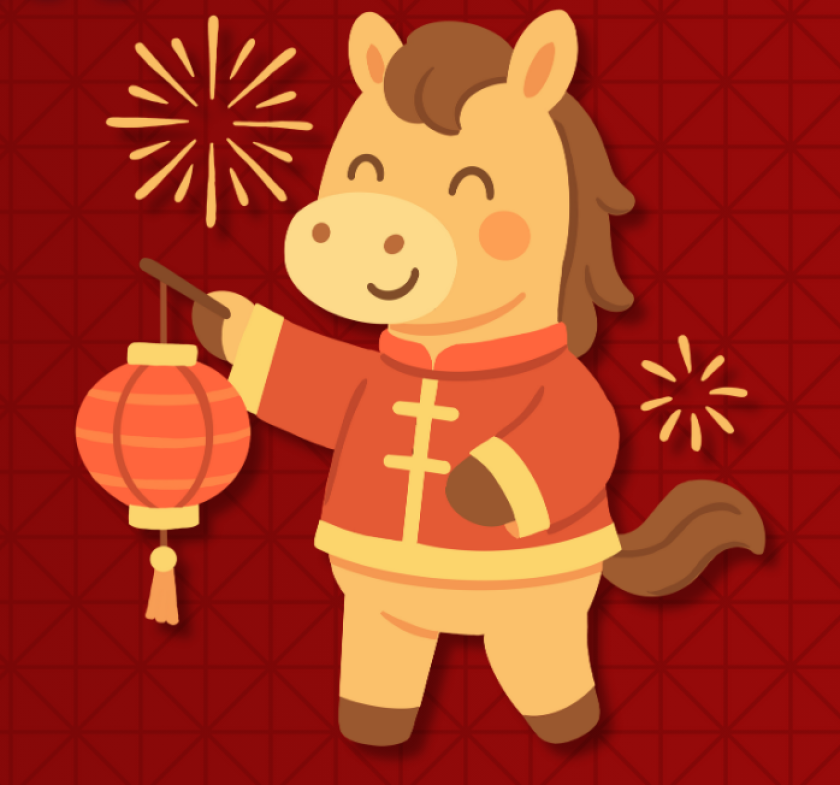 Cartoon horse holding up a red lantern and dressed in lunar new year attire.