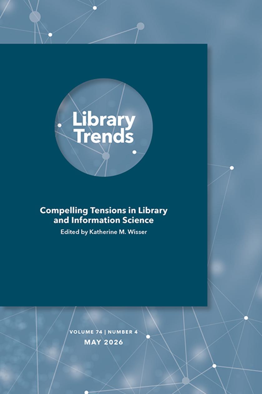 Two toned blue cover of Library Trends 74 (4). The background has soft-focus clusters connected by white lines