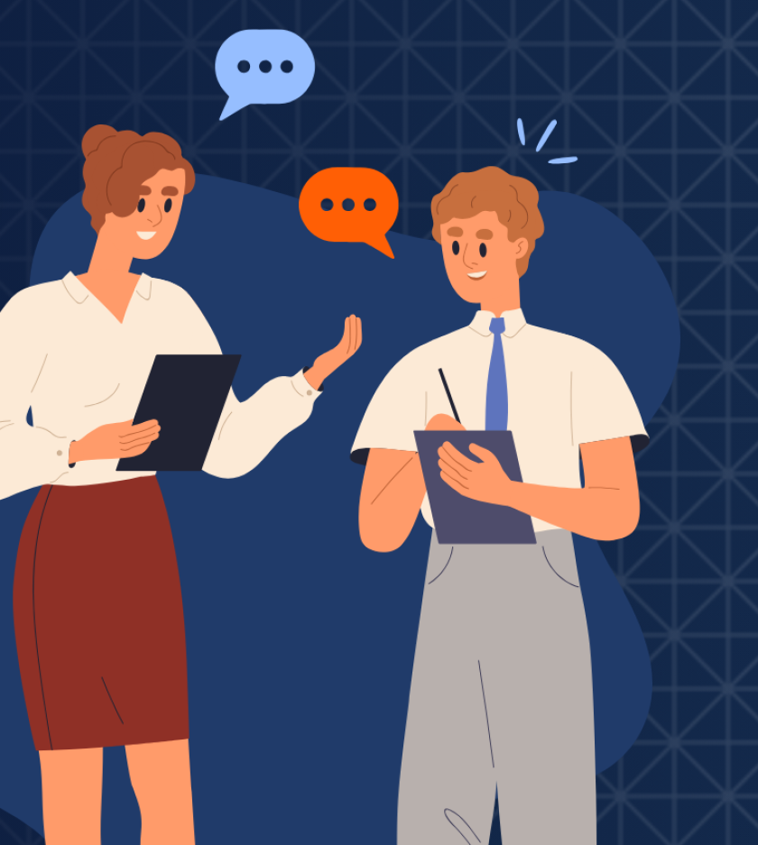 Two cartoon people talking to each other 