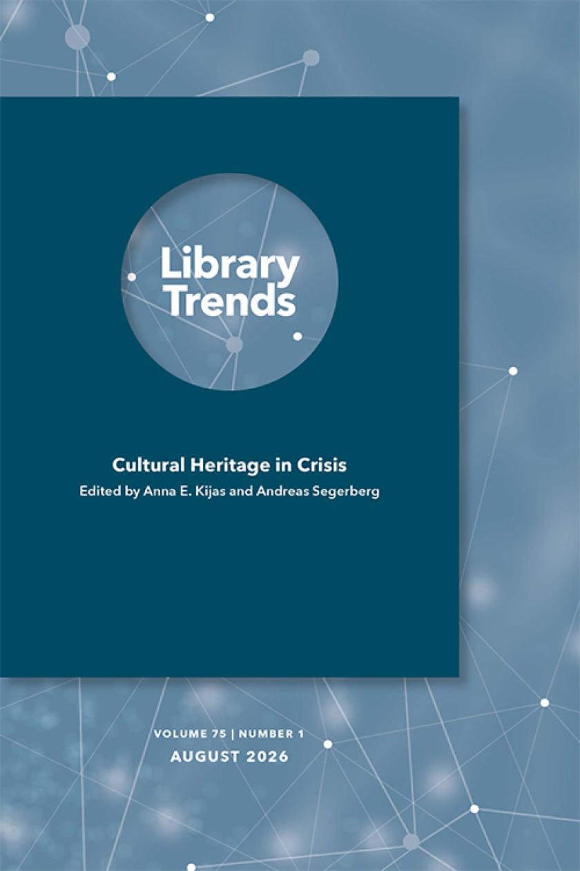Two toned blue cover of Library Trends 75 (1). The background has soft-focus clusters connected by white lines