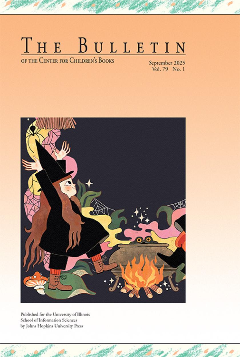 Cover of The Bulletin depicts a portion of the book cover of The Witch in the Tower. A small child witch wearing all black with a pointed witch hat dances around a cauldron. The cauldron sits over an open flame with a frog eye peeping out from the opening.