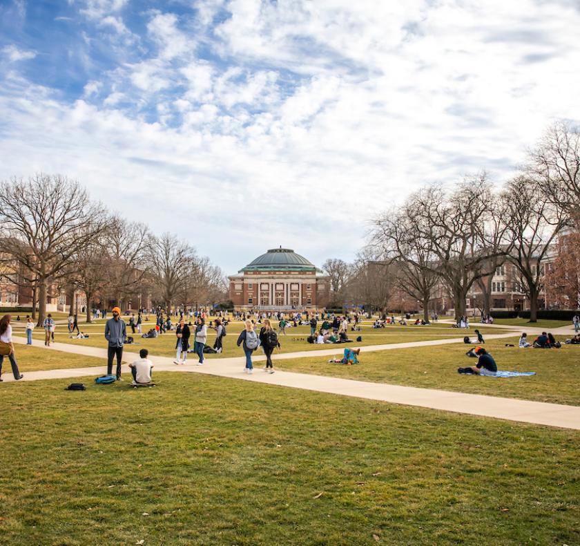 students walking in front of Foellinger