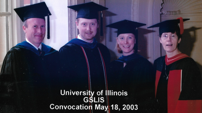 Michael Twidale-Paul Marty-Michelle Kazmer-Caroline Haythornthwaite at GSLIS Convocation in May 2003
