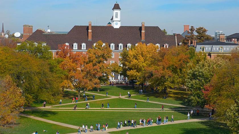 students on Quad with Illini Union in background