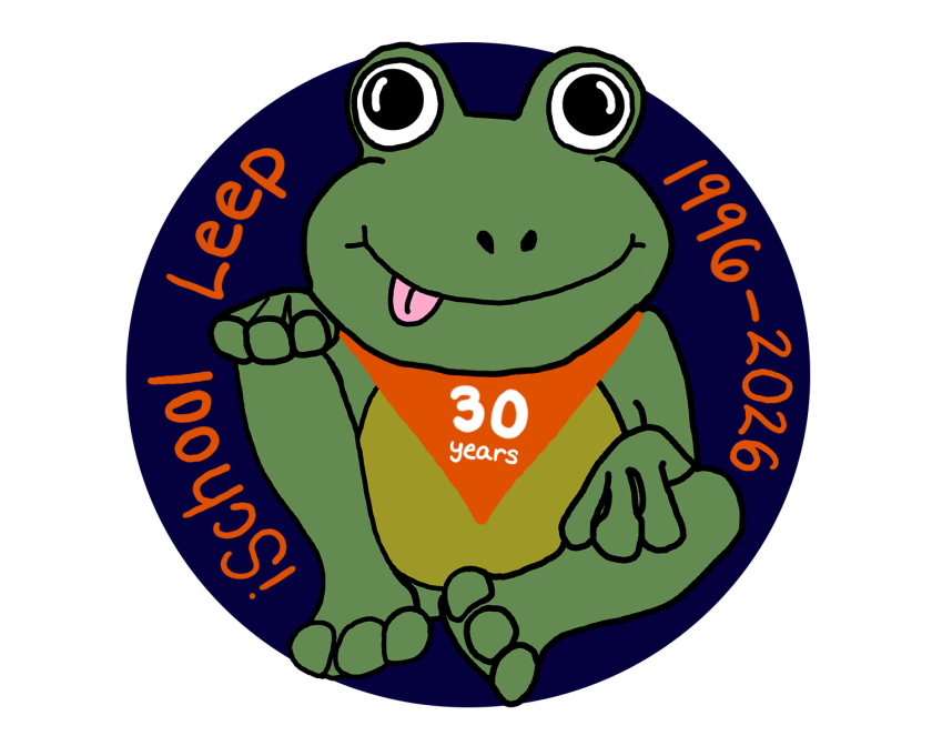 Leep frog smiles with its tongue out while wearing a neck bandana that says "30 years"