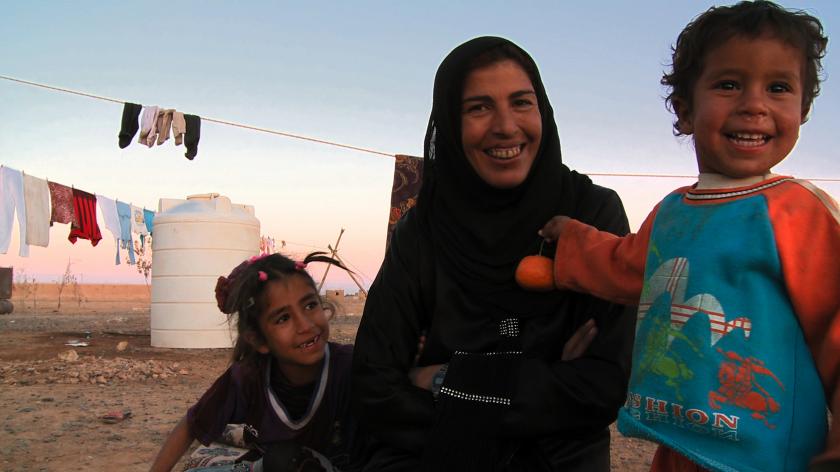 Rafea in the village with her son and daughter. From the film Solar Mamas. Photo courtesy ITVS.