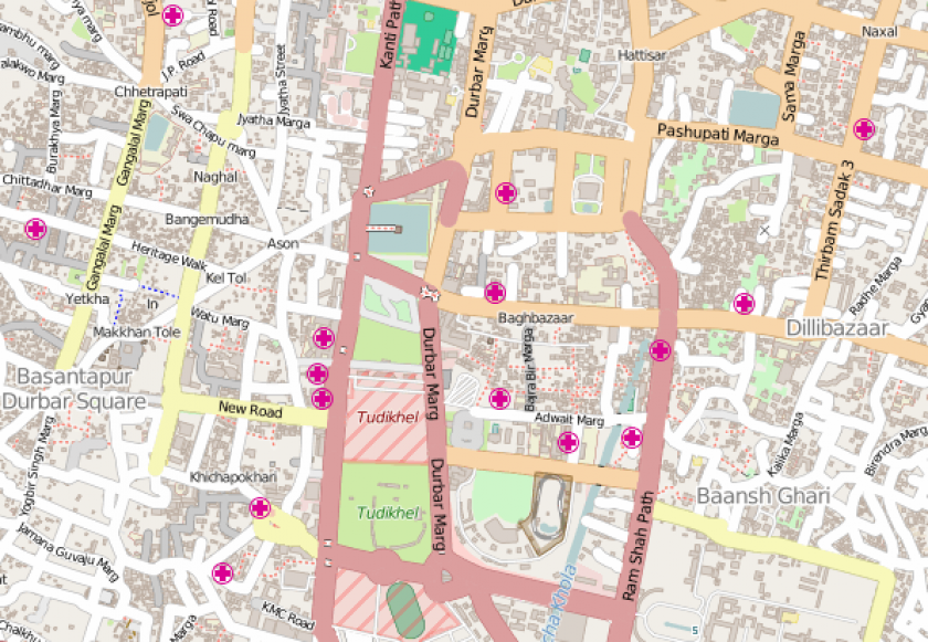 One OpenStreetMap view displays medical units in the heart of Kathmandu. © OpenStreetMap contributors