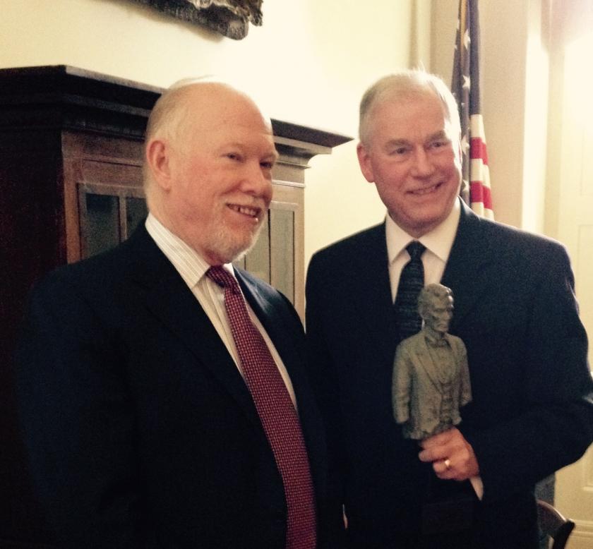 Mark Sorensen (right) receives a Lincoln statuette from Chicago History Museum historian Russell Lewis in the Old State Capitol in recognition of his ISHS Lifetime Achievement Award.