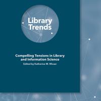 Two toned blue cover of Library Trends 74 (4). The background has soft-focus clusters connected by white lines