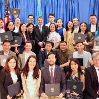 iSchool team with GET team (Matt Rosenstein, director, and Wendy Spencer, program coordinator) and data science scholars at a year-end celebration for the 2024-2025 Bolashak Scholars.