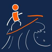 The winning T-shirt design is a hand sketch of a figure surfing. The figure and surfboard are in orange, the wave is outlined in white, and the background is dark blue.