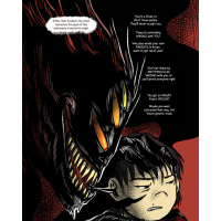 The cover of RDYL features a scene from the graphic novel "Monstrous: A Transracial Adoption Story," page 184. The scene, heavily inked in blacks and deep crimson features the profile of a 6-eyed monster with sharp, cruel fangs. The monster, representing an inner demon and taking up the left two-thirds of the page, is whispering in the ear of an adopted Korean boy all the terrible thoughts children of adoption can experience during moments of self-doubt and insecurity. The demon and the thought bubble are a