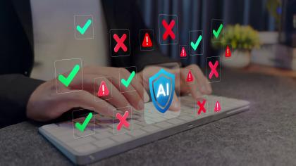 Photo of hands typing on keyboard with illustrations of checks and x marks to illustrate AI safety
